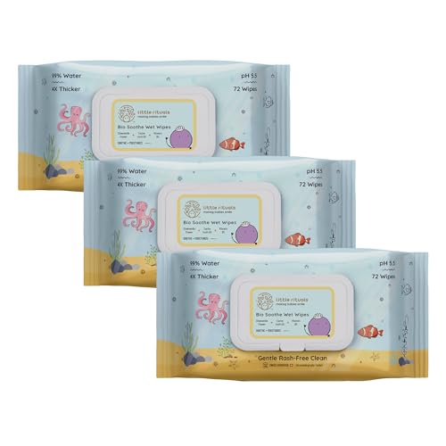 Image of Little Rituals Rash-Free Baby Wipes | 99% Pure Water | 4x Thicker, Plant-Based Cloth, pH 5.5 | Enriched with Chamomile, Sacha Inchi Oil & Pro Vitamin B | Gentle, Moisturizing & Soothing | Dermatologically Tested | 72 Wipes /Pack (Pack of 3)