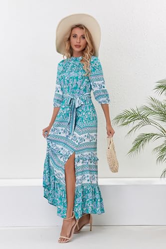 Image of Women Boho High-Waist Floral Print Maxi Dress 3 /4 Sleeve Casual | Soft Rayon, Breathable, Quick-Dry. High-Waist with Adjustable Belt, Flattering Hem. Ideal for Beach, Work & Dating.