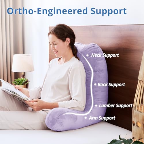 Image of Sasttie Reading Pillow for Bed, Back Pillow for Sitting Up, Lavender | 25 inch Backrest Support Cushion for Couch, Sofa, and Floor, Dorm Essentials, OEKO-TEX, Adjustable Down Alternative Fill
