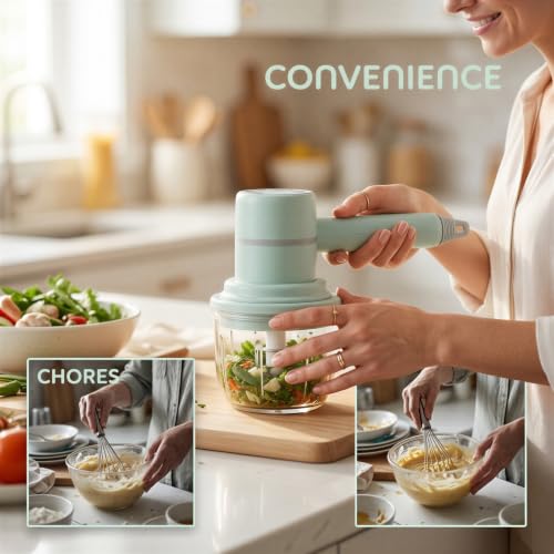 Electric Egg Beater and Handheld Mixer, 2 in 1 Cordless Mini Food Chopper with 10.14 oz / 300 mL Glass Bowl, Portable Garlic Chopper for Baking Cream, Meat Mincing, and Food Supplement - Image 2