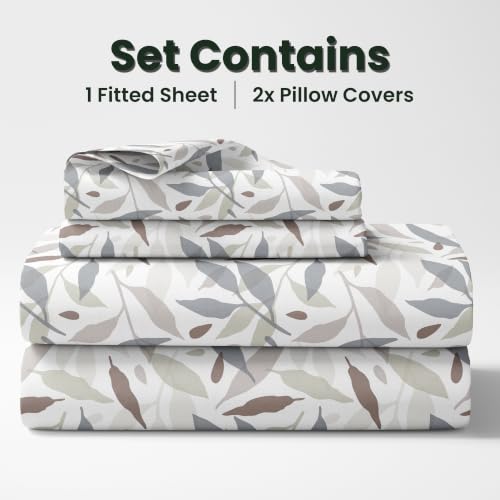 Image of LORETO - A QUALITY LINEN BRAND 210 TC 100% Pure Cotton Double /Queen Fitted Bedsheet with 2 Pillow Covers for 78 x 60 Inch Mattress, All-Around Elastic, 8 Inch Deep Pocket, Grey Leaf Whisper