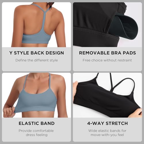 Image of Raxnode 3 Pack Women's Y-Back Sports Bra, Thin Spaghetti Strap Yoga Bralette with Removable Cups, Low Impact Wireless Bra