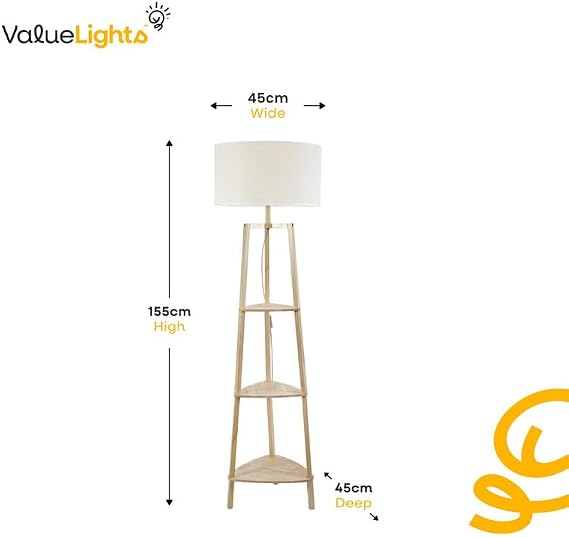 ValueLights | Matt Black Wooden 3 Tier Shelf Floor Lamp with Black Trim Drum Shade Living Room Lounge Light | Floor Lamps, Home Décor & Improvement Essential | Included LED Bulb [Energy Class F]