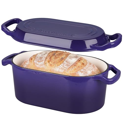 VORRINGARD Oval Dutch Oven Pot with Lid, Enamel Coating Cast Iron Bread Pans for Homemade Sourdough Bread Baking, Cooking, 4 Quart, Purple