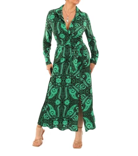 Robe femme mi-longue col en V Blue Banana imprimé cachemire manches longues et ceinture
