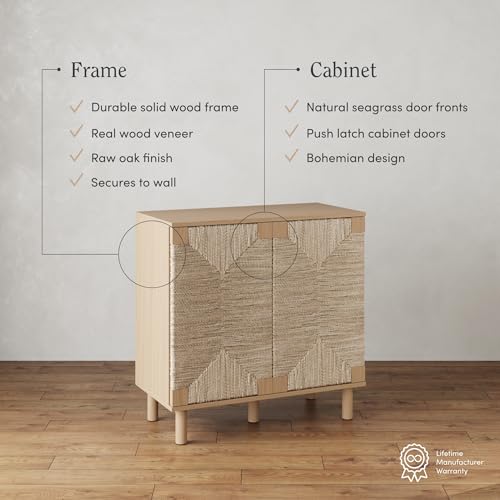 Image of Nathan James Beacon Boho TV Stand, Free Standing Kitchen Cabinet Storage with Adjustable Interior Shelf and Seagrass Accent, Seagrass /Raw Oak, Set of 3