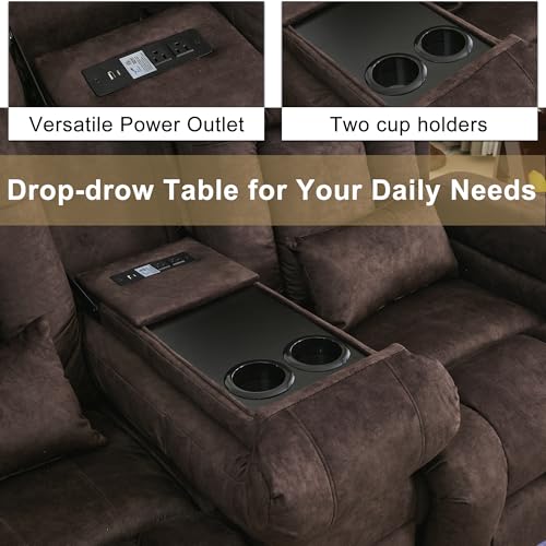 Image of URRED Power Loveseat Recliner Sofa with Massage and Heat,Brown | Wall Hugger Reclining Loveseat with Console, RV Couch Home Theater Seating with LED Lights for Living Room, Velvet Fabric