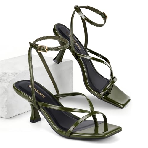 Image of Women's Kitten Heel Strappy Open Square Toe Thong Ankle Strap Heels for Wedding