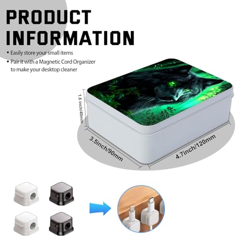 Image of Metal Tin Box with Lid,Multi-functional Storage Box Can Store Tea Biscuits Game Cards, Playing & Tarot Cards-Comes with 4 Magnetic Cord Clips,Wolf with Glowing Green Eyes