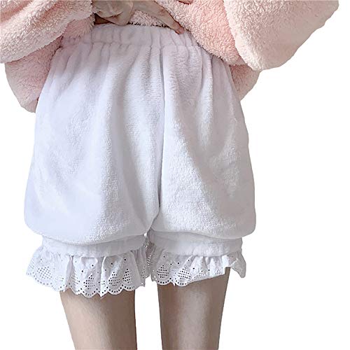 Lolita Lace Sleep Bloomer Shorts Women Girls Cute Velvet Plush Warm Pajama Short Pants (White) #TOP16