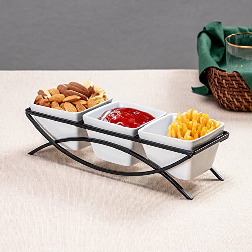 Unicasa Square Ramekin Bowls 10 Oz, Condiment Serving Tray With Metal Rack Stand - Chips And Dips Snack Tray For Party - White Side Dish For Appetizer, Fruit, Nuts, Ice Cream, Candy #TOP2