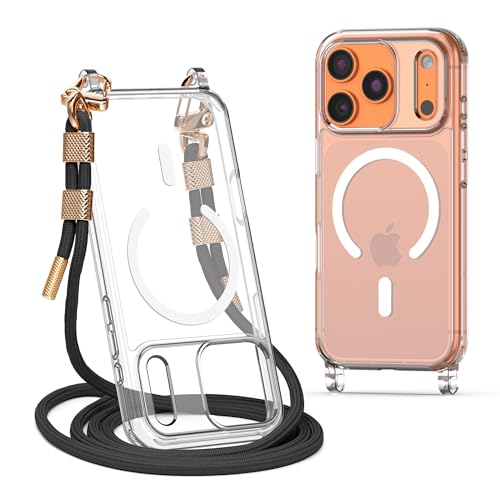 Lawonda Magnetic Clear for iPhone 17 Pro Case with Lanyard Crossbody iPhone Case with Strap Adjustable Shockproof Drop Protection Phone Cover for Women Travel Shopping Hiking, Black Rope