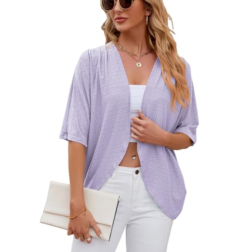 PrinStory Cardigan For Women 3/4 Sleeve Outerwear Lightweight Top Ladies Open Front Knit Jacket V Neck Causal Soft Summer Women's Shrug (Purple,S)