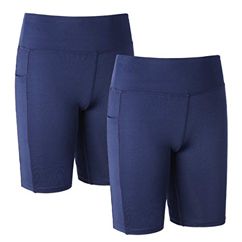 Beninos Women's 2 Pack Workout Compression Yoga Shorts with Pocket (SG9005 Navy, L)