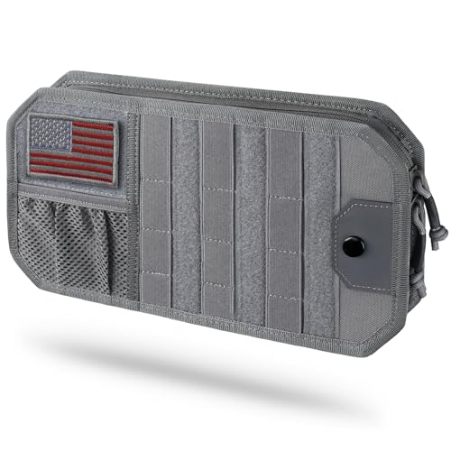 LIVANS Tactical Car Sun Visor Organizer Auto Accessories Semi-Rigid Molle Panel with Zipper Storage Pouch & Glasses Holder Gift for Car Gear Fit Cars Trucks Suvs Jeeps & Patrols (Gray)
