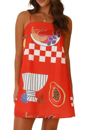 Image of NUFIWI Women Boho Graffiti Cami Mini Dress Spaghetti Strap Printed A Line Short Dress Backless Cut Out Colorful Sundress