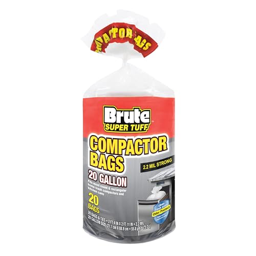 Brute Super Tuff Heavy Duty 2.2 MIL Kitchen Compactor Bags Twist Tie Closure White Clean Fresh Scent with Odor Protect Technology 20 Gallon 20 Count
