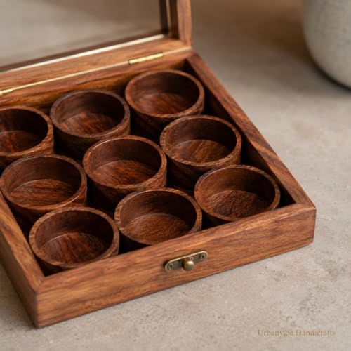 Image of Wooden Masala Box with Glass Lid|9 Compartments Spice Organizer for Kitchen|Handmade Sheesham Wood Spice Container|Traditional Masala Dabba for Herbs, Seasonings & Dry Fruits