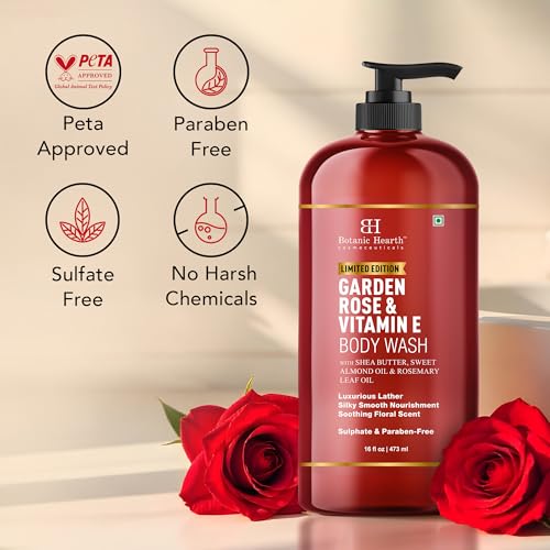 Botanic Hearth Garden Rose & Vitamin E Body Wash | Limited Edition, with Shea Butter, Sweet Almond Oil & Rosemary Leaf Oil 16 fl oz (473 ml) | Sulphate & Paraben-Free, Luxurious Lather - Image 6