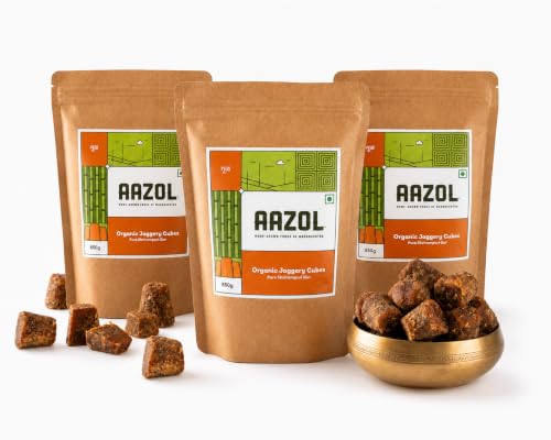 Image of Aazol Organic Jaggery Cubes: Pure Shrirampuri Gur - 1.95kg (650g - Pack of 3) | Natural & Organic | Made with Pure Desi Cow Ghee | Best Texture | Long Shelf Life