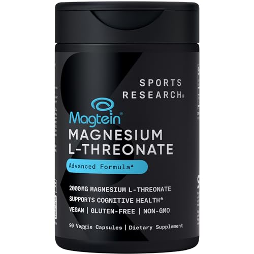 Sports Research® Magnesium L-Threonate Capsules 2000mg – High-Absorption Magtein® for Enhanced Brain Health, Memory, Focus & Restful Sleep Support – Vegan · Non-GMO · Gluten Free – 90 Count