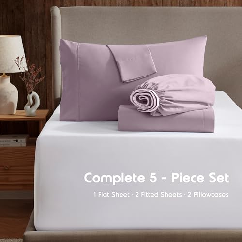 Image of Nestl Split King Bed Sheet Set - Dusty Purple - 5-Piece Deep Pocket | Instantly Soft, Night-One Ready (No Wash Required). Fits 16-Inch Deep Pockets, 360-Degree Elastic Grip