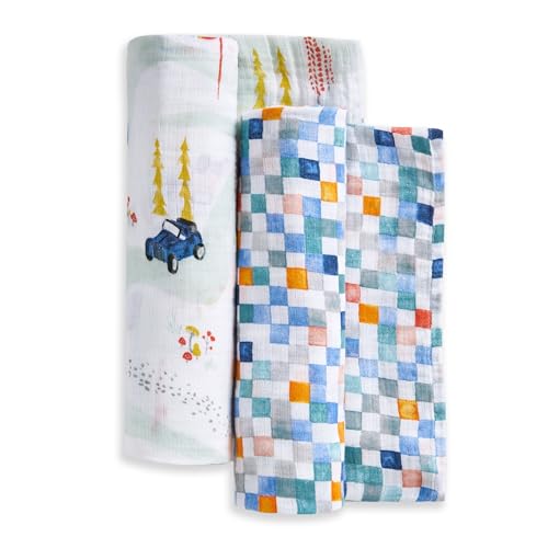 Image of aden + anais Essentials Cotton Muslin Swaddles, Breathable Baby Blanket, Ideal for Boys, Girls, Newborns, Babies & Infants, Receiving Blanket, Soft and Lightweight Wrap, 2 Pack, Vintage Car Rally