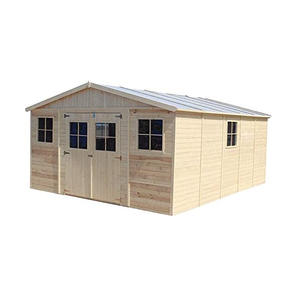 TIMBELA Holz Gartenschuppen MIT IMPRÄGNIERTEM Boden - Abstellkammer mit Fenstern - H246 x 418 x 522 cm/ 20 m² Naturholz… – Bild 4