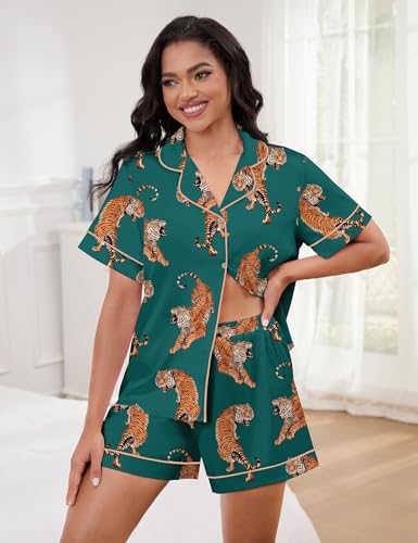 Image of SHESHOW Satin Pajamas for Women Set Preppy Animals Pjs Short Sleeve Shorts 2 Piece Loungewear Sets XS-XXL