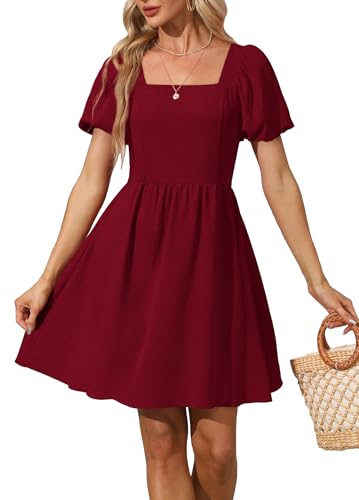 OFEEFAN Burgundy Dress for Women Summer Short Sleeve Dress Square Neck Rehearsal Dinner Dresses for Women L