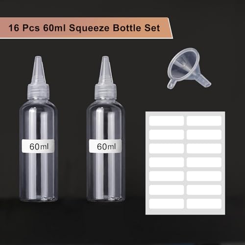 Prebarfun 16 Stück Squeeze Flasche 60ml, Leere Quetschflasche, Kunststoffflaschen zum Befüllen, Klein Saucenflasche mit Kappen, Trichtern, Etiketten für soßen, Farben und Öle usw.