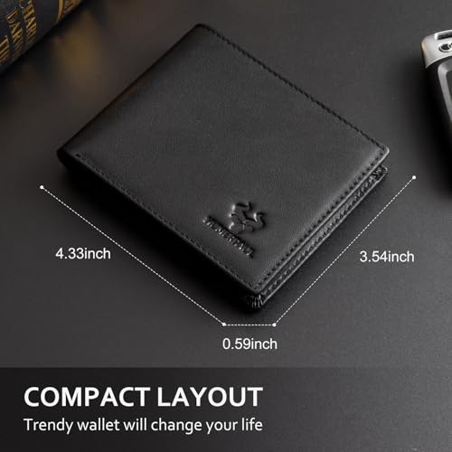 Slim Men Wallets, RFID Blocking Genuine Leather Bifold Wallet Minimalist Front Pocket With ID Window (Black)3