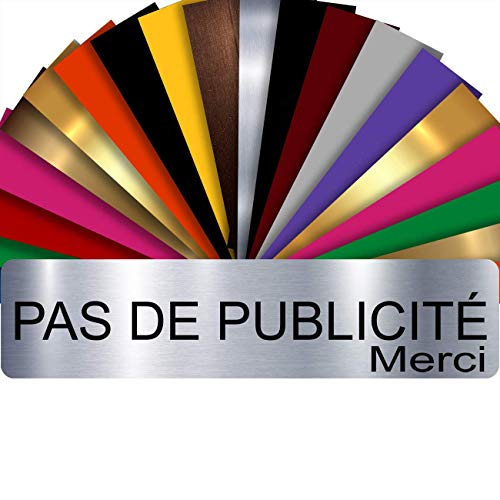 Plaque PAS DE PUBLICITÉ MERCI Adhésive PVC Pour Boîte Aux Lettres - Plaque Stop Pub - 8 cm x 2 cm - 21 Couleurs Disponibles (Gris Alu Brillant)