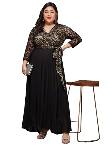 Image of Miss Chase A+ Women's Floral Printed Relaxed Fit V -Neck 3 /4Th Sleeve Georgette Maxi Dress