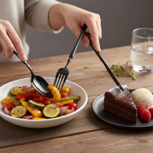 Image of 30 Pcs Black Cutlery Set for Dining Table the Perfect Lightweight Silim Handle Tableware Including Dinner Spoon, Dinner Fork, Dinner Knife, Dessert Spoon & Dessert Fork