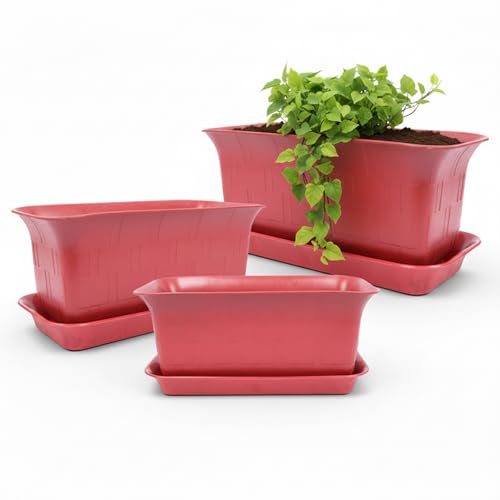 Image of GARDENS NEED 12-16-20 Inches Window Rectangle Flower Pot with Tray | Set of 3 | Brown | Plastic Planter Pots for Indoor & Outdoor Home, Office & Balcony Decoration