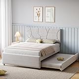 GarveeHome Trundle Bed Twin, Queen Size Upholstered Platform Bed Frame, Pull Out Bed with Headboard, Wood Slat Support, for Bedroom, Living Room, Guest Room