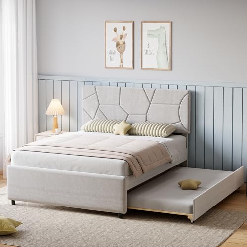 GarveeHome Trundle Bed Twin, Queen Size Upholstered Platform Bed Frame, Pull Out Bed with Headboard, Wood Slat Support, for Bedroom, Living Room, Guest Room White Queen