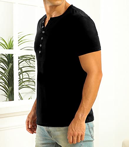 Nitagut Mens Short Sleeve Henley Shirts Fashion Slim Fit Summer Basic T-Shirt Classic Cut Cotton Shirts For Men,Black,L #TOP2