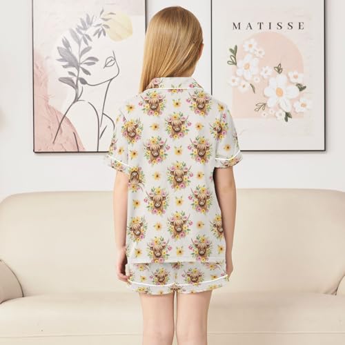 Satin Pajama Sets Short Sleeve Floral Highland Cow Pattern Button Down Silky Nightwear 2 Piece PJS 5-14Y4