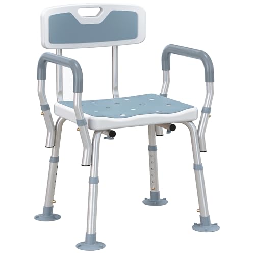 HOMCOM EVA Padded Shower Chair for the Elderly and Disabled Height Adjustable Shower Stool with Back and Arms 4 Suction Foot Pads Light Blue
