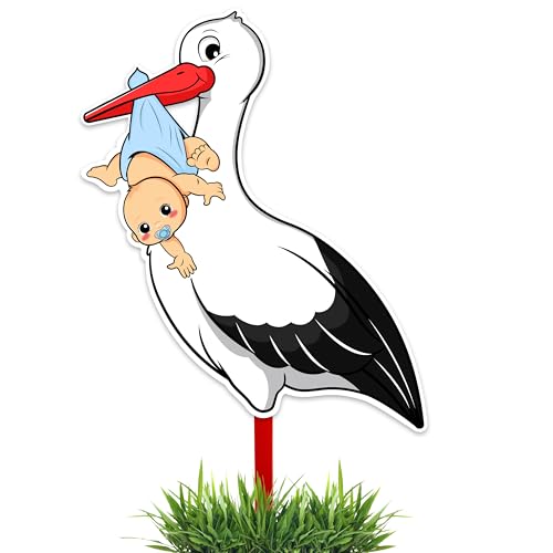 GLÜCKSGUT Klapperstorch Baby Blau 88 cm | 2-teiliges Set | Geburtsstorch inkl. Bambusstab + Grußkarte | Storch Geburt für Draussen & Drinnen | Geburtsgeschenk