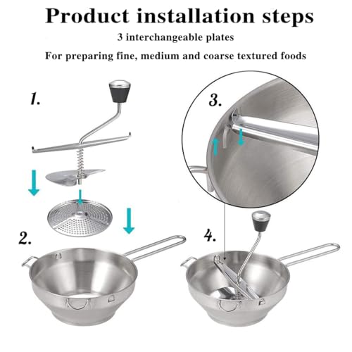 Cangfort 1 PCS Food Mill, Stainless Steel Food Mill for Tomato Sauce&Canning, Food Mill Hand Crank with 3 Grinding Plates for Mashing Grating Fruits Vegetables(7.5""/19cm x 3.2""/8cm), Silver by Cangfort - Image 3