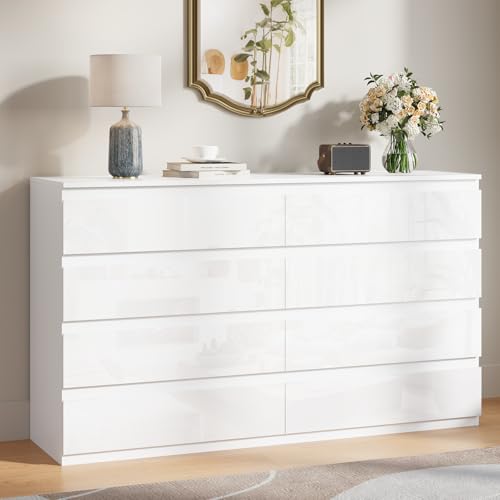 VKUCI 8 Drawer Dresser 55' Wide White Wood Modern Chest