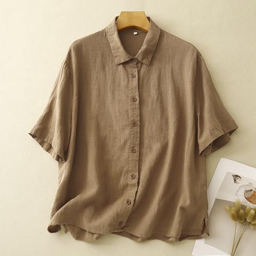 Short Sleeve Button Down ` Linen Shirts for Women Retro Spring 2025 Trendy Casual Collared Muslin Summer Tops Vcation3