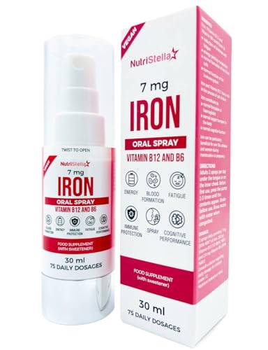 NutriStella Iron Spray - B12+B6 (75 Doses) - High Bioavailability - Fast-Acting - High Strength - Gentle on The Stomach - Red Blood Cells - Immunity - Combats Fatigue - Good Flavour