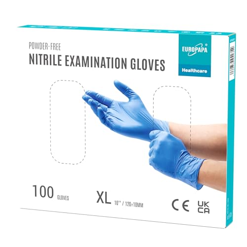 EUROPAPA® Lot de 100 gants jetables, en nitrile, à usage unique, adaptés pour examen, non poudrés, sans latex, non stériles, taille XL, bleu océan