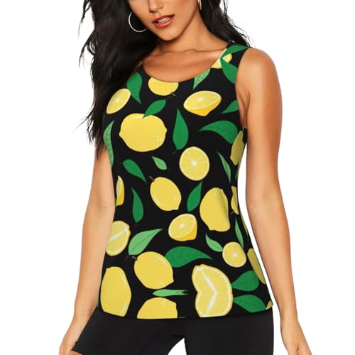 DUWAA Camiseta sin mangas con estampado de frutas de limón para mujer, camiseta sin mangas de secado rápido para correr, yoga, estilo casual, Negro, S