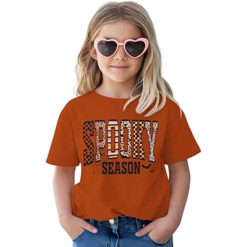 CM C&M WODRO Girls Halloween T-Shirt Leopard Spooky Season Letter Graphic Tee Shirt Short Sleeve Cute Funny Kids Fall Tops