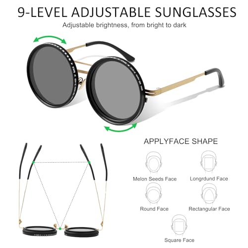 Adjustable Tint Sunglasses - 1-9 Gears Round Polarized Glasses with Manual Tint Control & Built-in ND Filter2